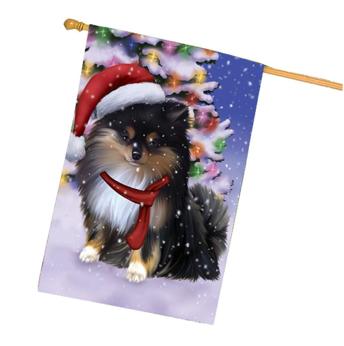 Winterland Wonderland Pomeranians Puppy Dog In Christmas Holiday Scenic Background House Flag