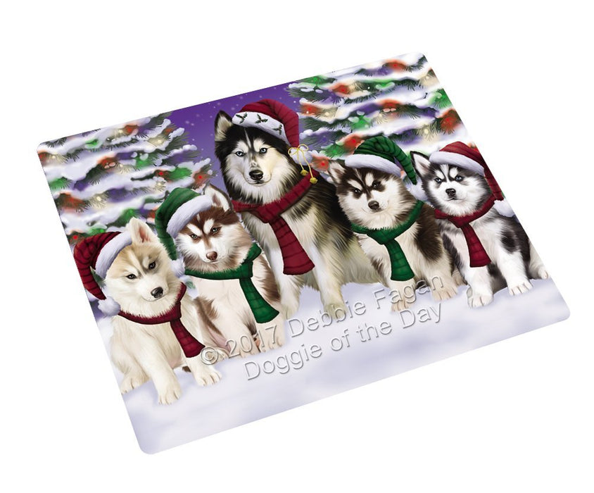 Siberian Huskies Dog Christmas Family Portrait in Holiday Scenic Background Refrigerator / Dishwasher Magnet