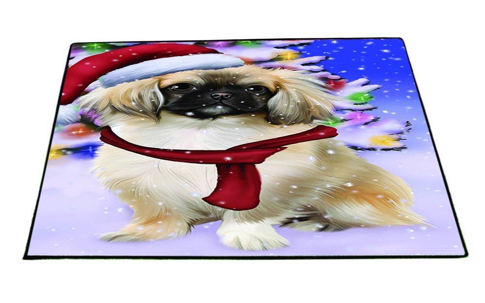 Winterland Wonderland Pekingese Dog In Christmas Holiday Scenic Background Indoor/Outdoor Floormat