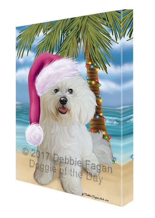Summertime Happy Holidays Christmas Bichon Frise Dog on Tropical Island Beach Canvas Wall Art