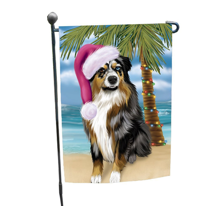 Summertime Happy Holidays Christmas Australian Shepherd Dog on Tropical Island Beach Garden Flag