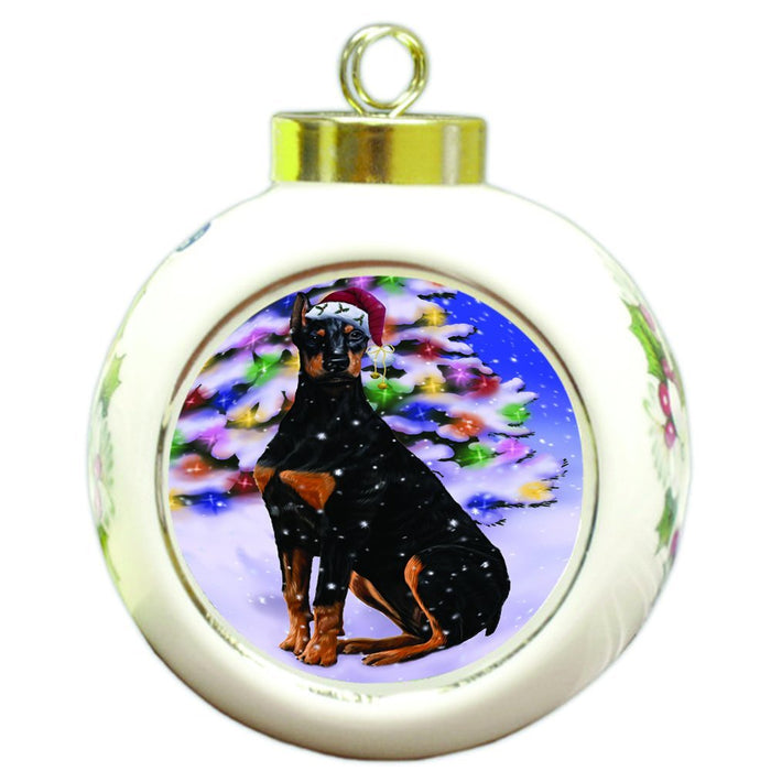 Winterland Wonderland Doberman Dog In Christmas Holiday Scenic Background Round Ball Ornament D563