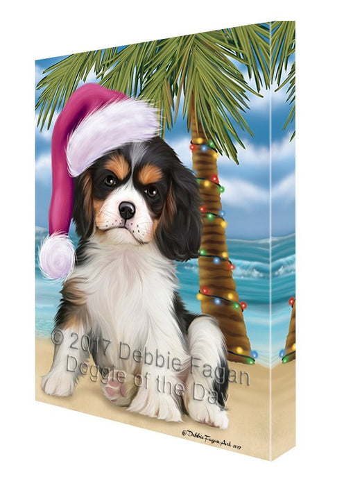 Summertime Happy Holidays Christmas Cavalier King Charles Spaniel Dog on Tropical Island Beach Canvas Wall Art