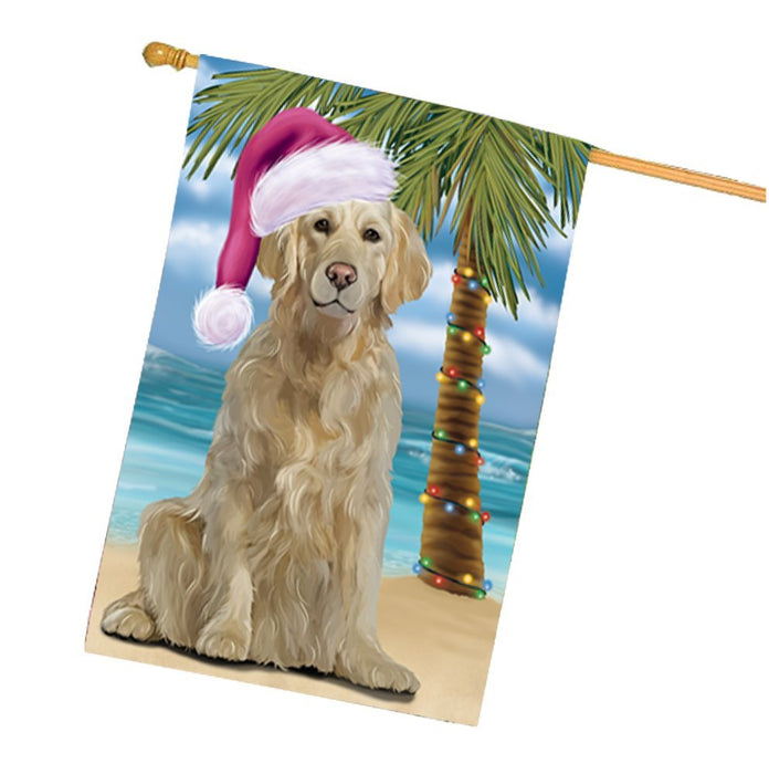 Summertime Christmas Happy Holidays Golden Retriever Dog on Beach House Flag HFLG337