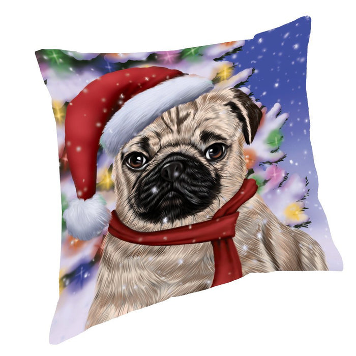 Winterland Wonderland Pug Dog In Christmas Holiday Scenic Background Throw Pillow