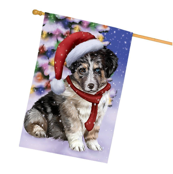 Winterland Wonderland Australian Shepherds Dog In Christmas Holiday Scenic Background House Flag