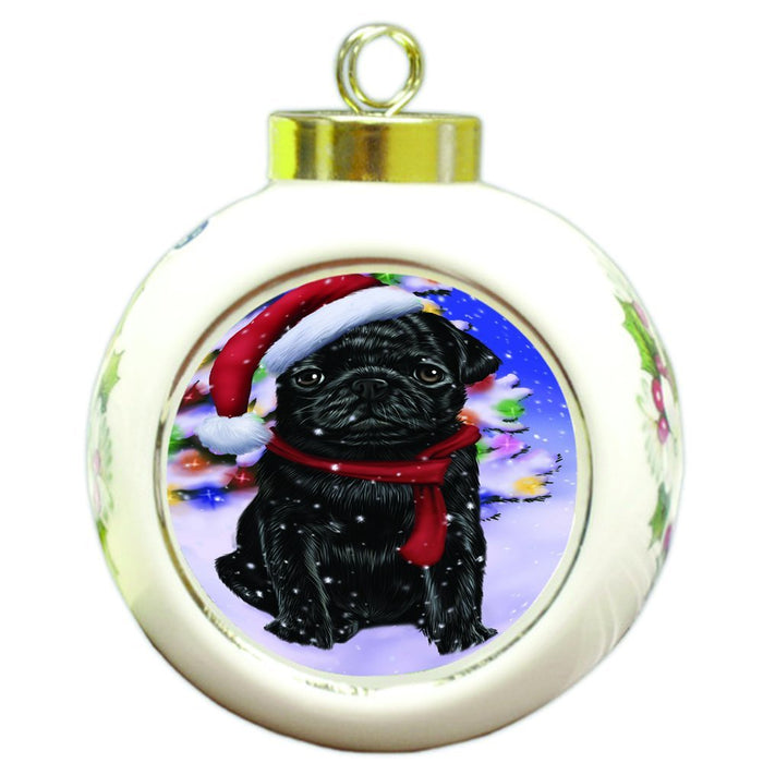 Winterland Wonderland Pug Dog In Christmas Holiday Scenic Background Round Ball Ornament D578