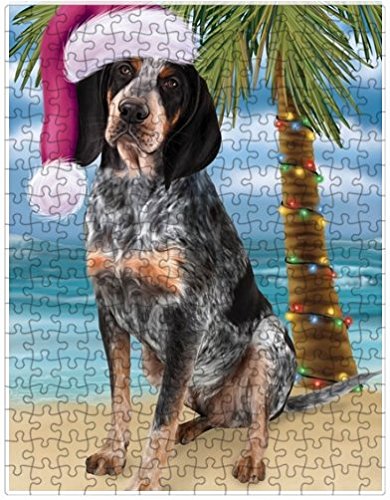 Summertime Happy Holidays Christmas Bluetick Coonhound Dog on Tropical Island Beach Puzzle with Photo Tin
