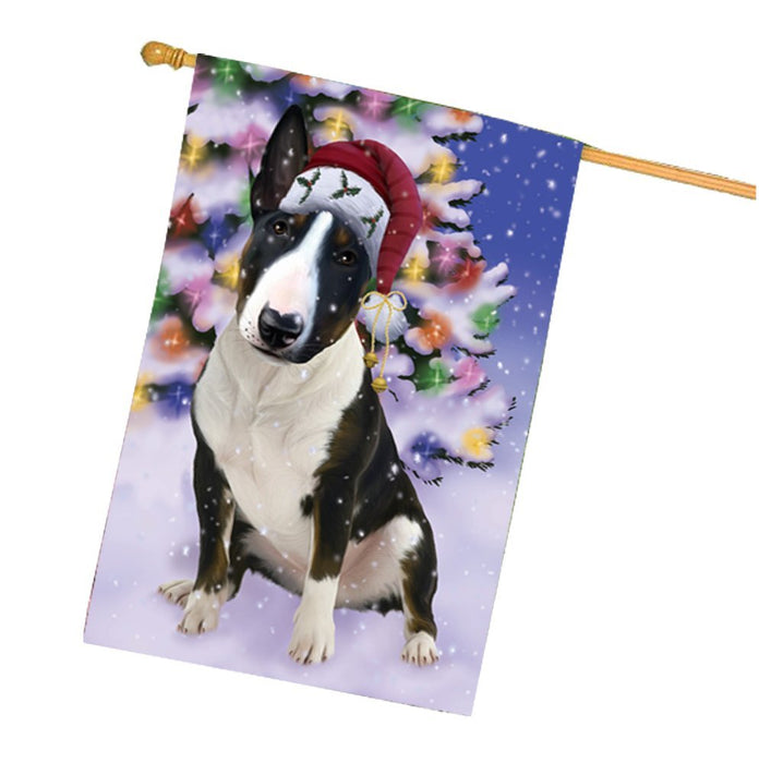 Winterland Wonderland Bull Terrier Dog In Christmas Holiday Scenic Background House Flag