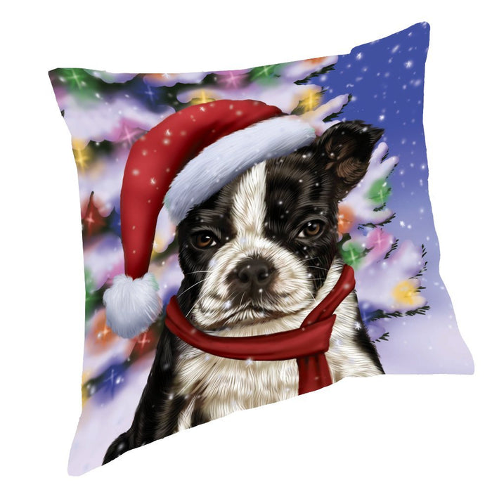 Winterland Wonderland Boston Dog In Christmas Holiday Scenic Background Throw Pillow