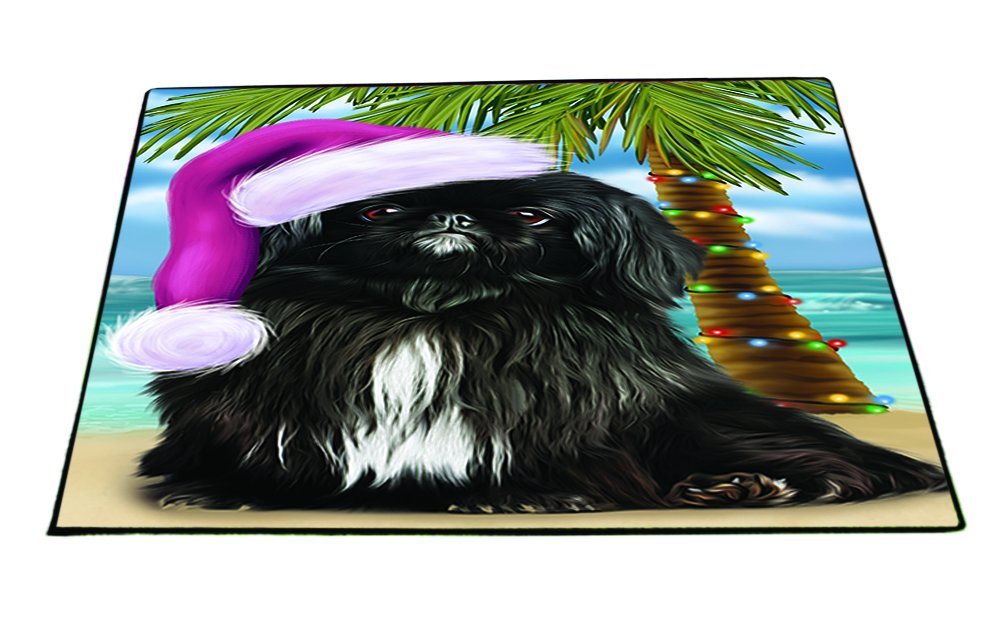 Summertime Happy Holidays Christmas Pekingese Dog on Tropical Island Beach Indoor/Outdoor Floormat