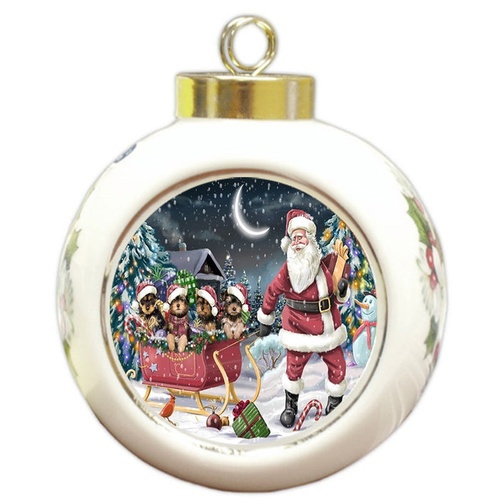 Santa Sled Dogs Yorkshire Terrier Christmas Round Ball Ornament POR1003