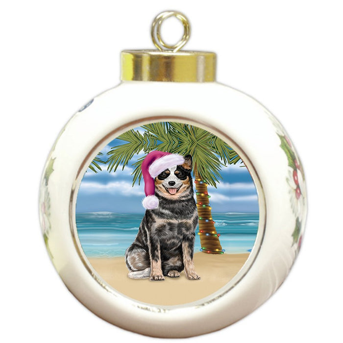 Summertime Happy Holidays Christmas Australian Cattle Dog Dog on Tropical Island Beach Round Ball Ornament