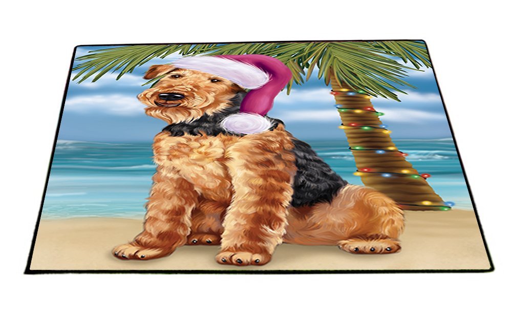 Summertime Happy Holidays Christmas Airedale Dog on Tropical Island Beach Indoor/Outdoor Floormat