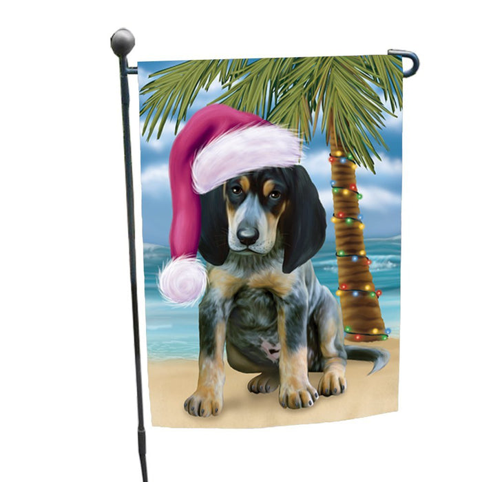 Summertime Happy Holidays Christmas Bluetick Coonhound Dog on Tropical Island Beach Garden Flag