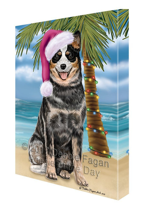 Summertime Happy Holidays Christmas Australian Cattle Dog Dog on Tropical Island Beach Canvas Wall Art