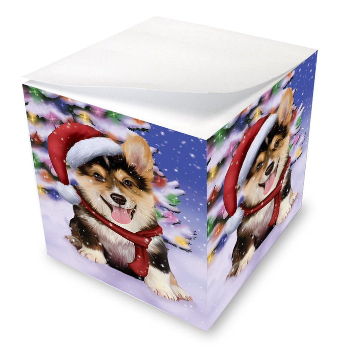 Winterland Wonderland Corgis Puppy Dog In Christmas Holiday Scenic Background Note Cube D594