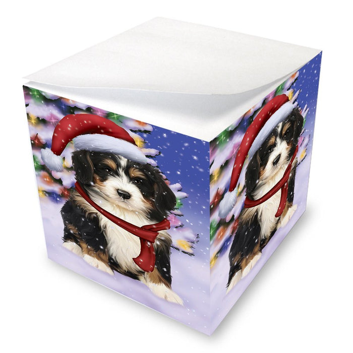 Winterland Wonderland Bernedoodle Puppy Dog In Christmas Holiday Scenic Background Note Cube D582