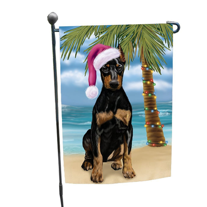 Summertime Happy Holidays Christmas Doberman Dog on Tropical Island Beach Garden Flag