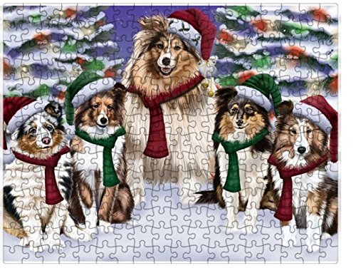 Shetland Dog Christmas Family Portrait in Holiday Scenic Background Puzzle