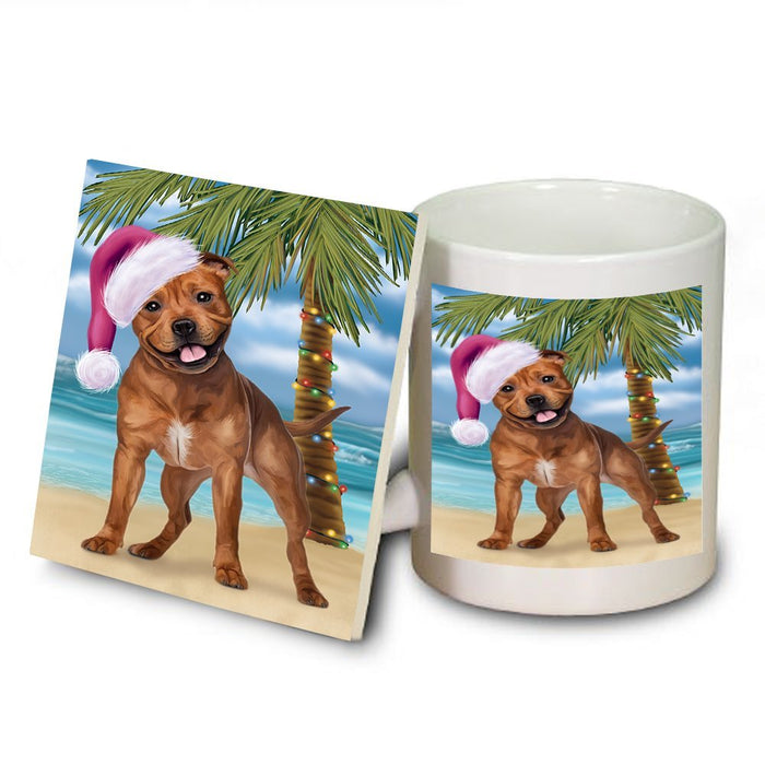 Summertime Pit Bull Dog on Beach Christmas Mug and Coaster Set MUC0672
