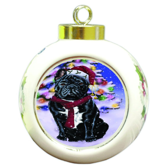 Winterland Wonderland French Bulldogs Dog In Christmas Holiday Scenic Background Round Ball Ornament D565