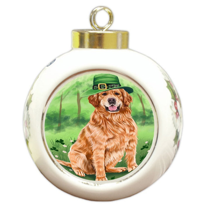 St. Patricks Day Irish Portrait Golden Retriever Dog Round Ball Christmas Ornament RBPOR48806