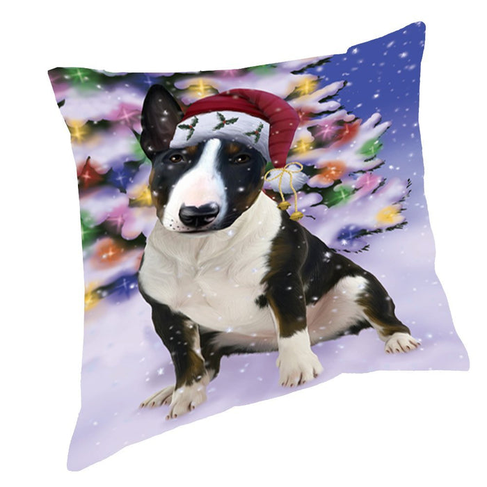 Winterland Wonderland Bull Terrier Dog In Christmas Holiday Scenic Background Throw Pillow