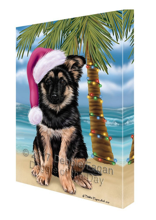 Summertime Happy Holidays Christmas German Shepherd Dog on Tropical Island Beach Canvas Wall Art