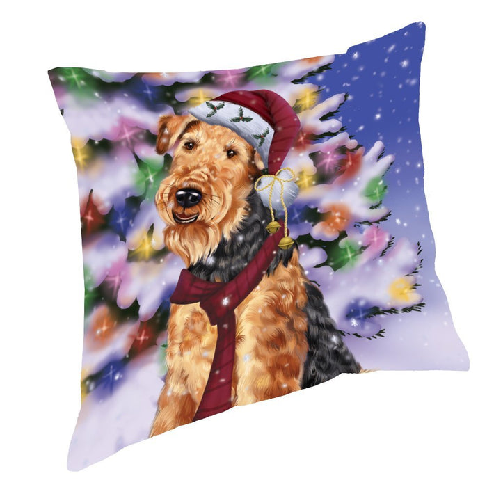 Winterland Wonderland Airedales Dog In Christmas Holiday Scenic Background Throw Pillow