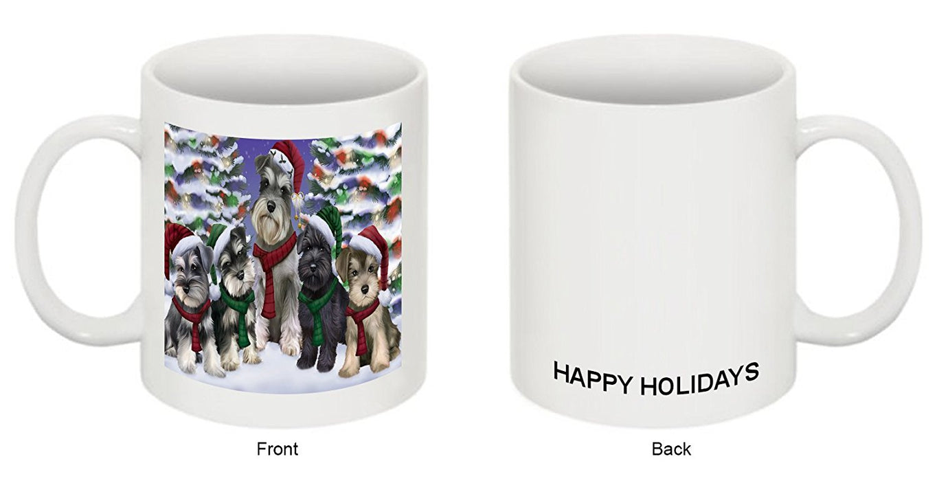 Schnauzers Dog Christmas Family Portrait in Holiday Scenic Background Mug