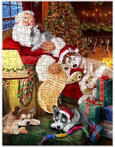 Siberian Husky Dog and Puppies Sleeping with Santa Puzzle with Photo Tin