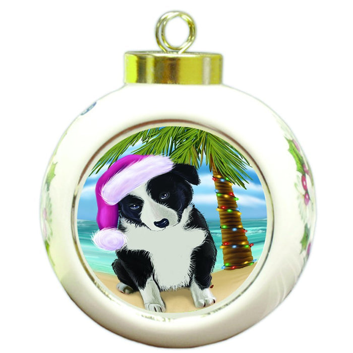 Summertime Happy Holidays Christmas Border Collie Dog on Tropical Island Beach Round Ball Ornament D508
