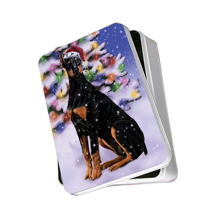 Winterland Wonderland Doberman Dog In Christmas Holiday Scenic Background Photo Storage Tin