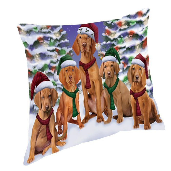 Vizsla Dog Christmas Family Portrait in Holiday Scenic Background Throw Pillow