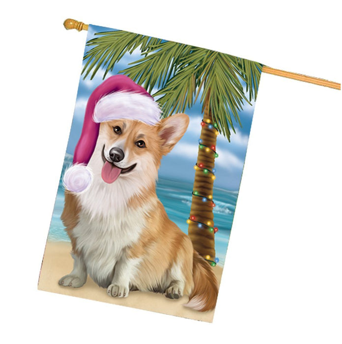 Summertime Happy Holidays Christmas Corgi Dog on Tropical Island Beach House Flag