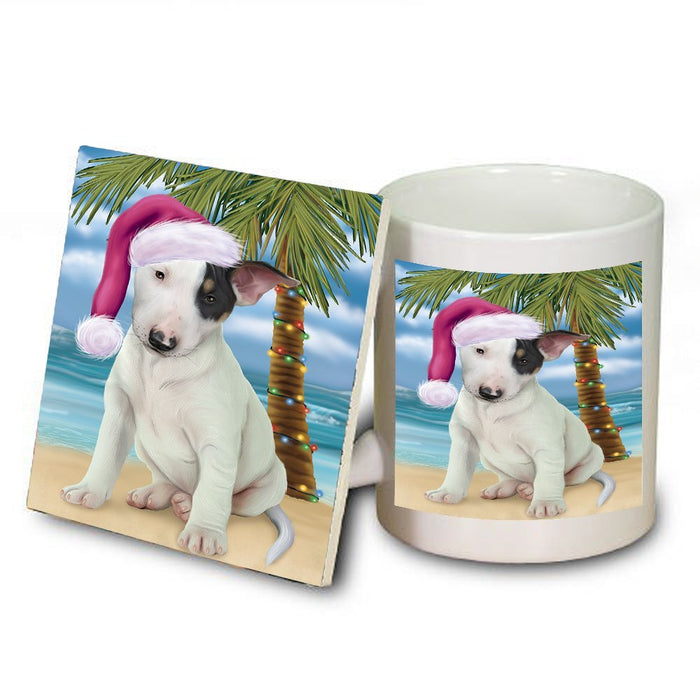 Summertime Happy Holidays Christmas Bull Terrier Dog on Tropical Island Beach Mug and Coaster Set