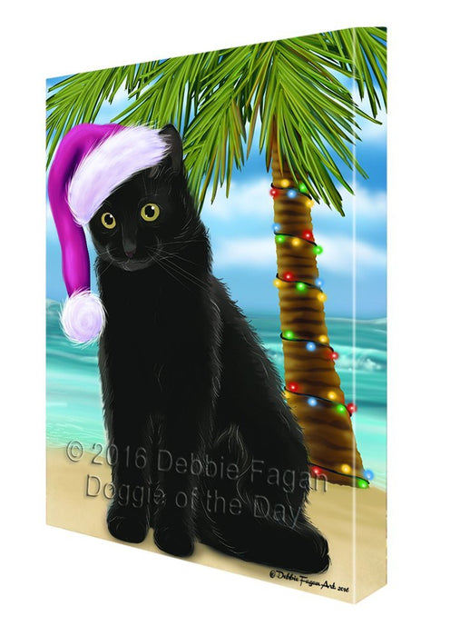 Summertime Happy Holidays Christmas Black Cat on Tropical Island Beach Canvas Wall Art