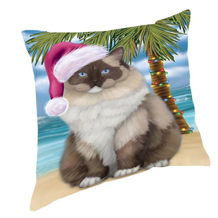 Summertime Christmas Happy Holidays Ragdoll Cat on Beach Throw Pillow PIL1588