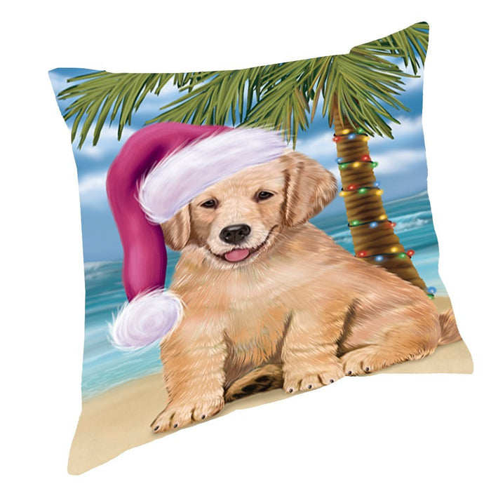Summertime Happy Holidays Christmas Golden Retrievers Dog on Tropical Island Beach Throw Pillow