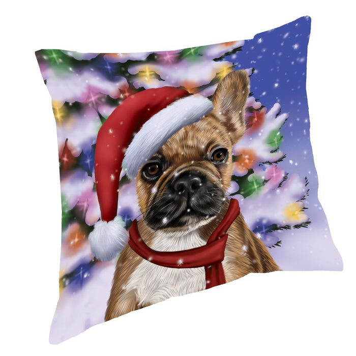 Winterland Wonderland French Bulldogs Dog In Christmas Holiday Scenic Background Throw Pillow