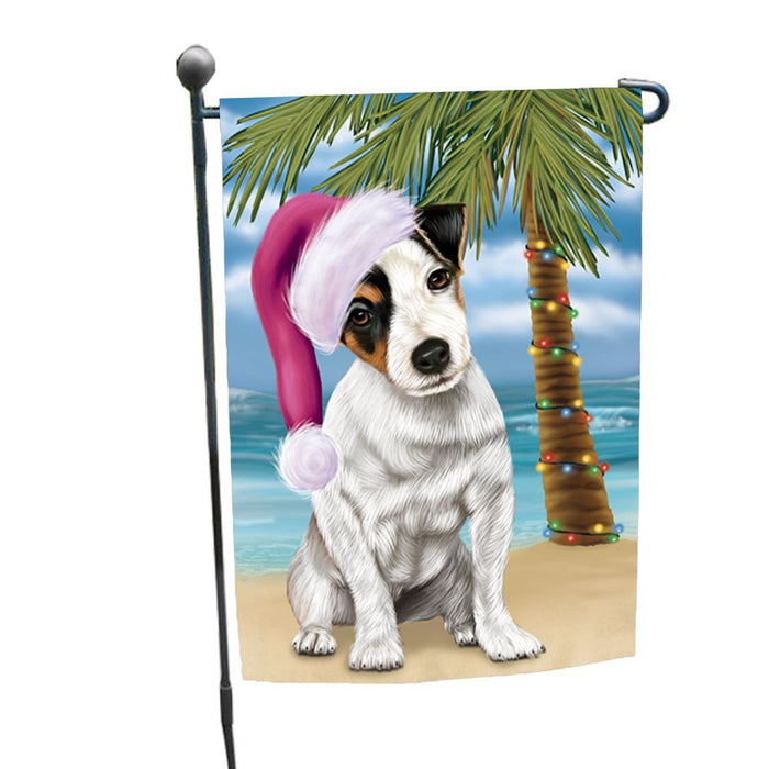 Summertime Happy Holidays Christmas Jack Russel Dog on Tropical Island Beach Garden Flag