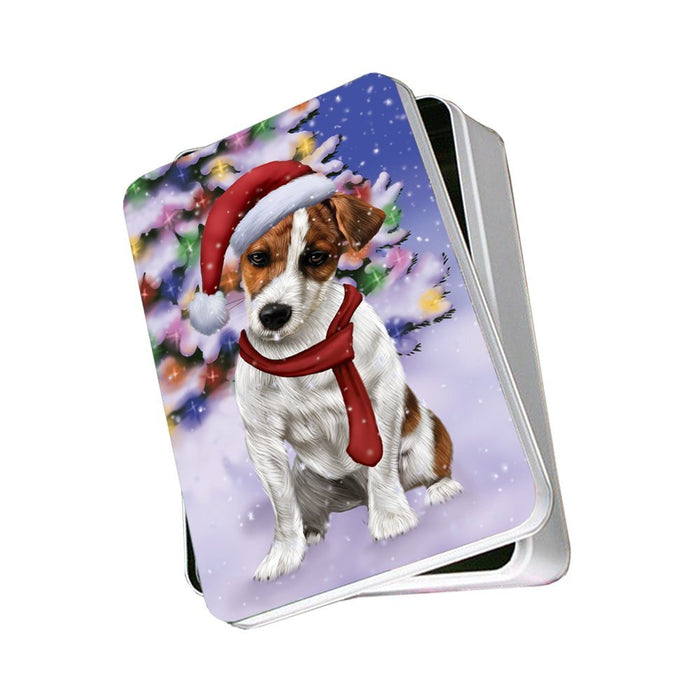 Winterland Wonderland Jack Russel Dog In Christmas Holiday Scenic Background Photo Storage Tin