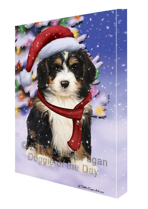 Winterland Wonderland Bernedoodle Dog In Christmas Holiday Scenic Background Canvas Wall Art