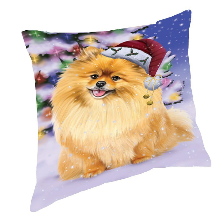 Winterland Wonderland Pomeranians Dog In Christmas Holiday Scenic Background Throw Pillow