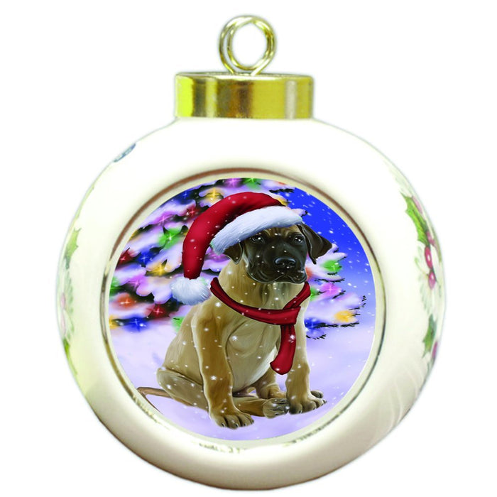 Winterland Wonderland Great Dane Dog In Christmas Holiday Scenic Background Round Ball Ornament D572