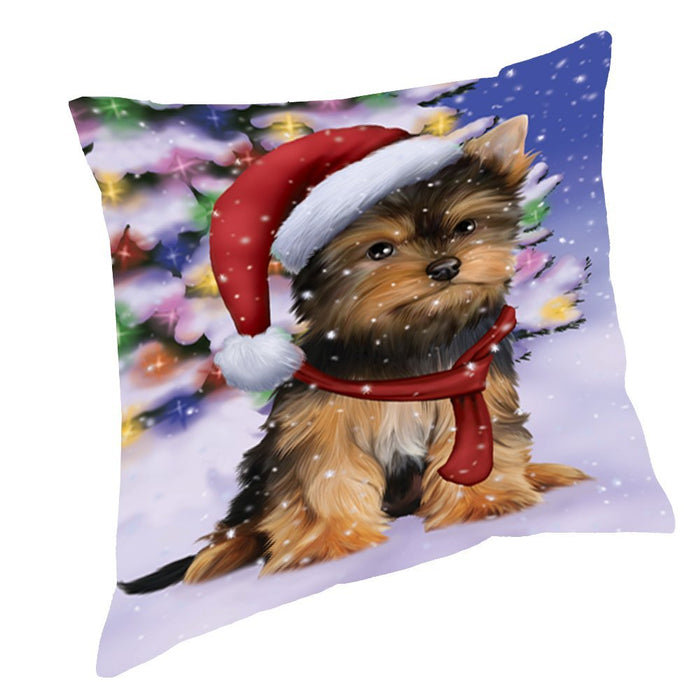 Winterland Wonderland Yorkshire Terriers Puppy Dog In Christmas Holiday Scenic Background Throw Pillow