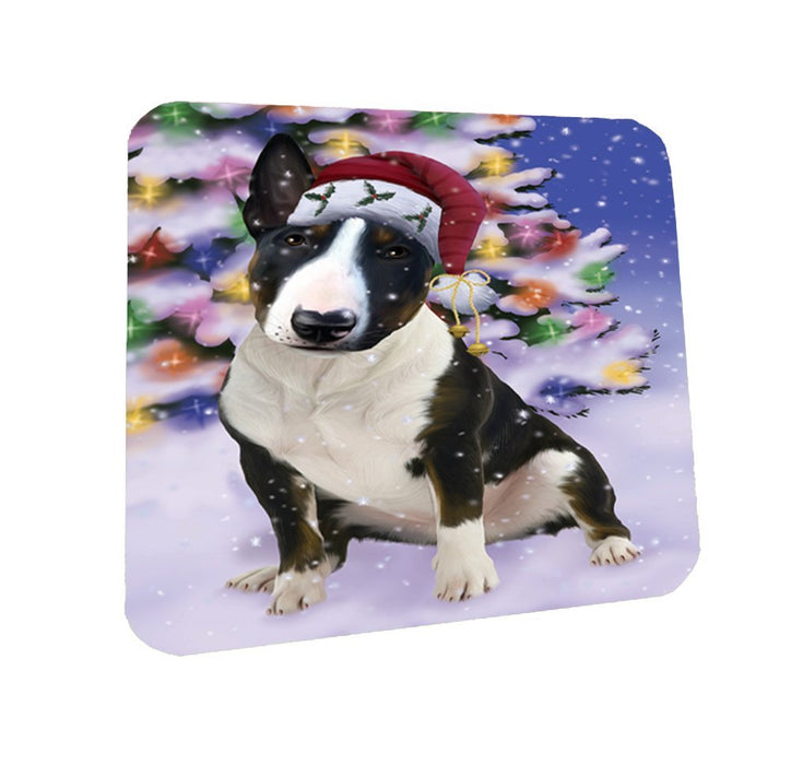 Winterland Wonderland Bull Terrier Dog In Christmas Holiday Scenic Background Coasters Set of 4