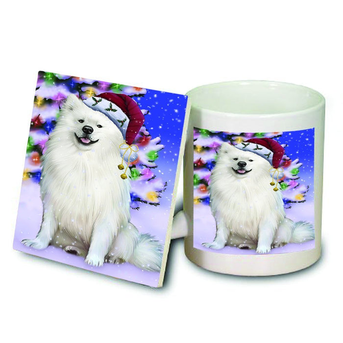 Winterland Wonderland American Eskimo Dog In Christmas Holiday Scenic Background Mug and Coaster Set