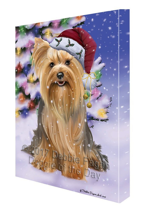 Winterland Wonderland Yorkshire Terriers Dog In Christmas Holiday Scenic Background Canvas Wall Art